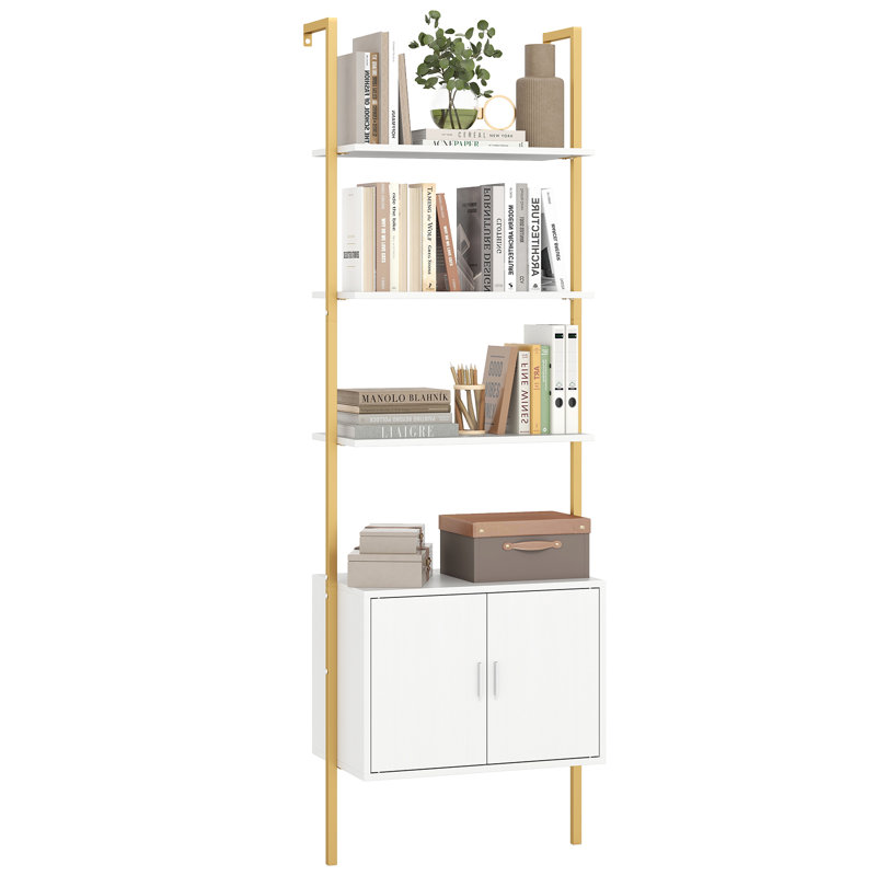 72.5'' Tall Bookshelf 5 Tier Wall Mount Ladder Bookcase w/ Cabinet, White/Gold, 1
