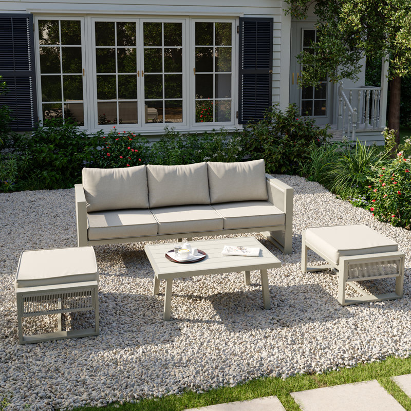  5-Person Patio Conversation Set With Cushions, Featuring Decorative Pull Cord Detailing, Beige Cushion/Gray Frame