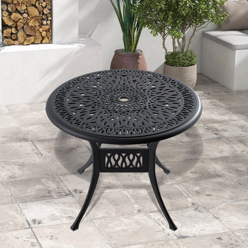 Table de salle à manger 35,43 "en fonte d'aluminium avec cadre et trou pour parasol