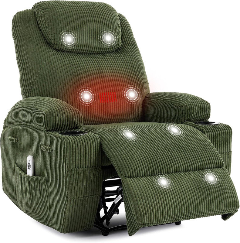 Electric Recliner Chair , Corduroy Power Recliner with 2 Side Pockets, Tool-Free Setup, Green