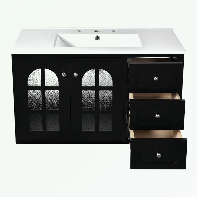 Meuble-lavabo avec lavabo en céramique, 3 tiroirs et armoire à fermeture en douceur