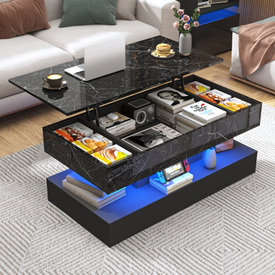 Table basse à plateau relevable de 39,4 po avec lumières DEL RVB APP, station de charge USB et CA, table de rangement réglable en hauteur ultrabrillante