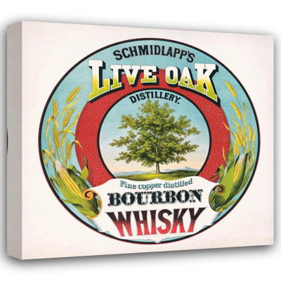 «Schmidlapp's Live Oak Distillery, Fine Copper Distillée Bourbon Whiskey» par Ehrgott & Krebs, Steam Lith. - Toile tendue avec châssis