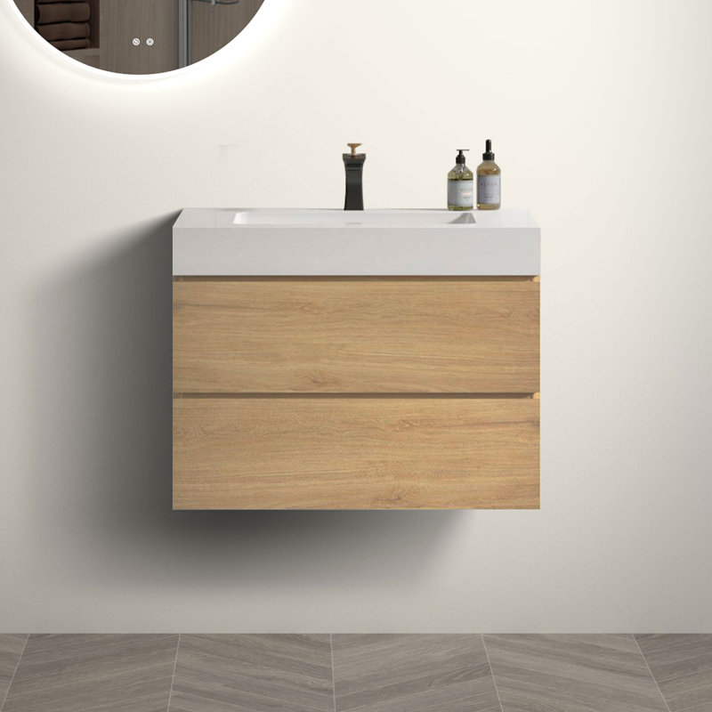 Meuble-lavabo de salle de bain flottant mural, Blanc, Chêne