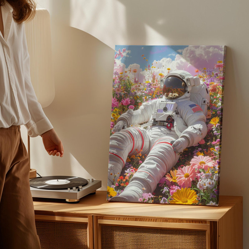 Astronaute dans un champ de fleurs Canvasp Peaceful Space Exploration and Whimsical Serenity, art mural sur toile prêt à accrocher