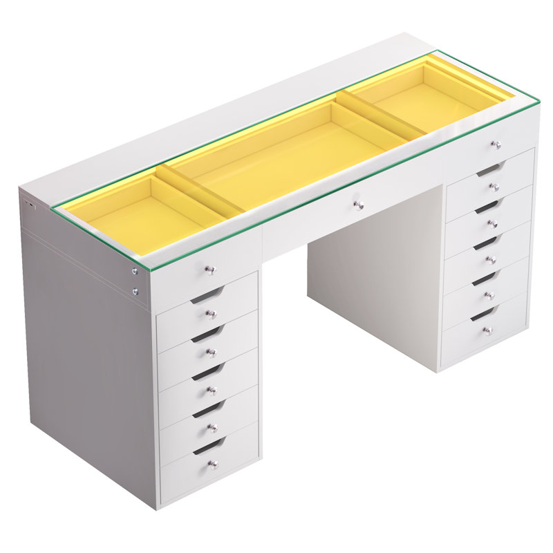 Makeup Vanity HD Glass Top Built-in LED Light Strips Large 13 Drawers Diamond Handles USB and Type-C, White