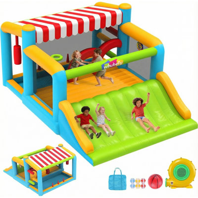 Grand terrain de jeu de 16 pi x 11,5 pi pour les grands enfants de 8 à 12 ans, terrain d’obstacles gonflable avec glissade de 11,5 pi, zone de saut XXL, piscine d’eau, barres d’obstacles, lancer d’anneaux, souffleur d’air de 750 W