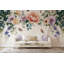 Papier peint pastel floral avec bordure papillon sur fond crème-595530410
