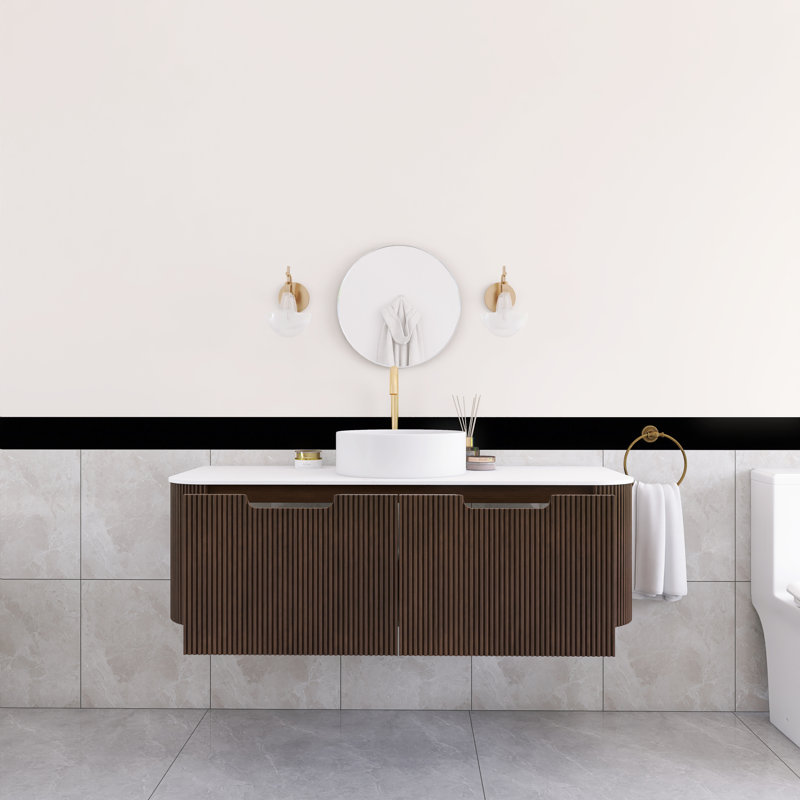 48 po Meuble-lavabo mural simple en noyer foncé flottant avec plateau en marbre artificiel, Noyer