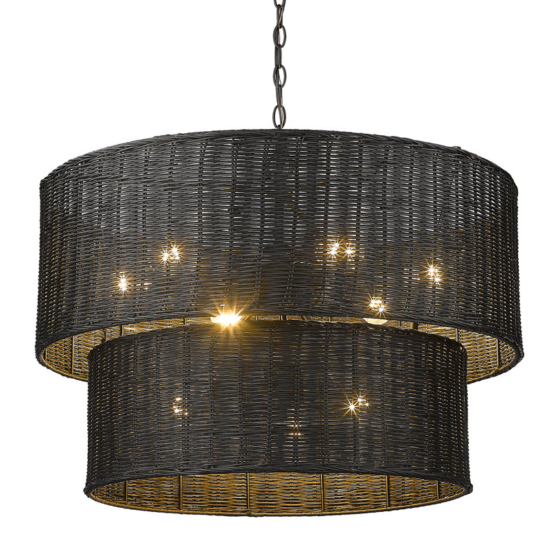 Cuthmore 6-Light Steel Dimmable Drum Chandelier, Matte Black, Black Wicker, 6 Lights