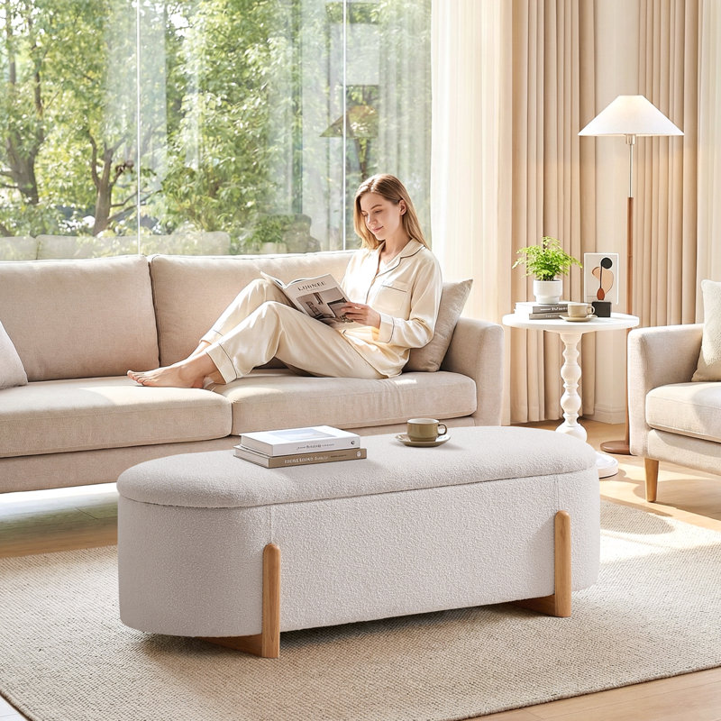 51.2"W Upholstered Boucle Flip Top Storage Bench, Beige, Beige
