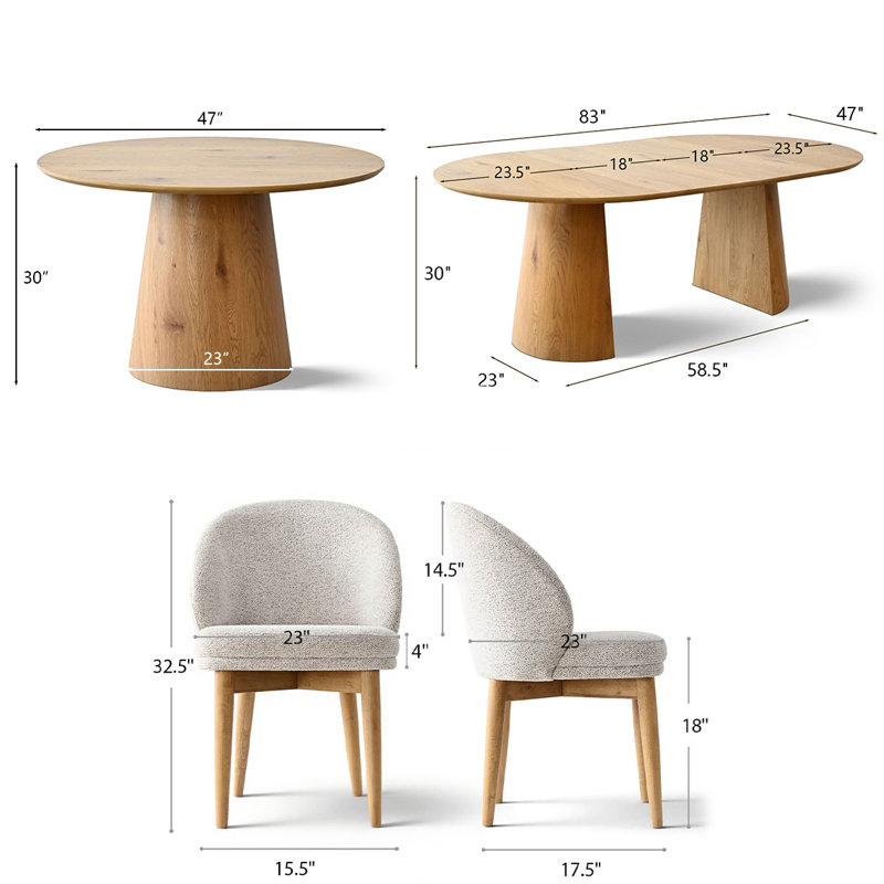 46"-83" Extendable Round To Oval Dining Set With Upholstered Barrel Chairs, 5 Pieces: Table, 4 Chairs