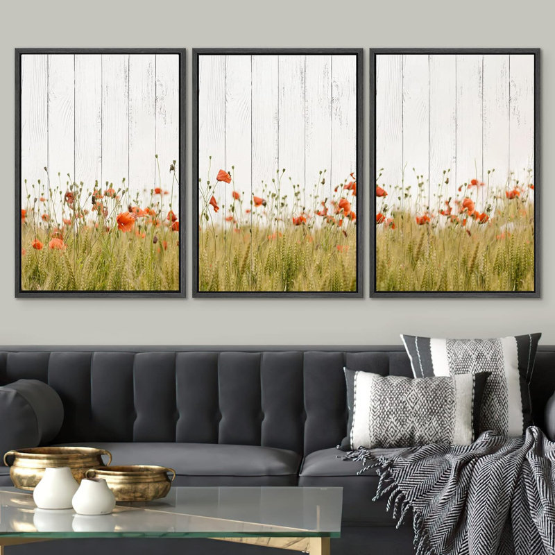 «Flower Blossom», panneau de bois de style campagnard encadré sur toile, 3 pièces, Noir, noir, noir, noir
