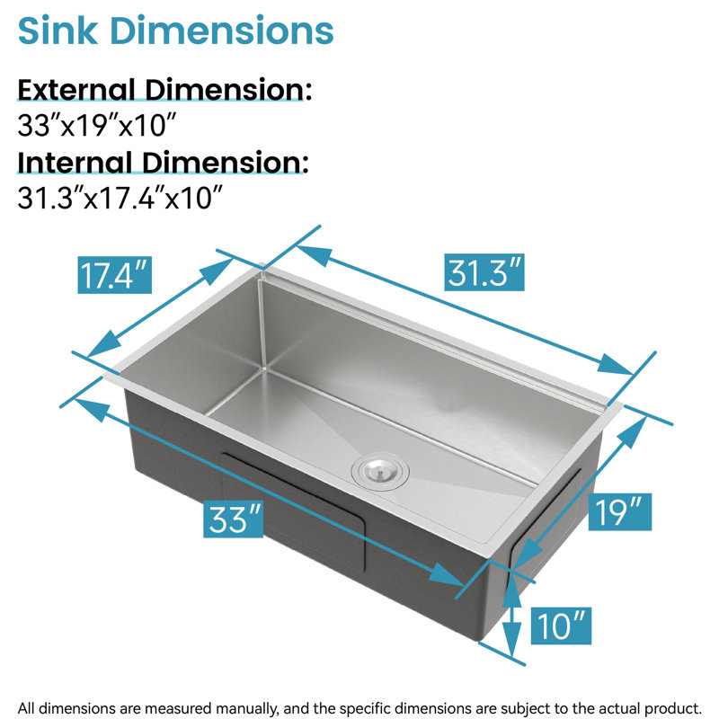 33X19 Inch Dark Gray Stainless Steel Basin - Handmade With Improved Drainage Performance Sink Enhanced Resistance, Silver