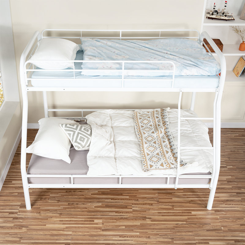  Twin Over Full Size Metal Bunk Bed with Ladder and Safety Guardrails, Heavy Duty for Kids & Teens, 300 lbs Capacity, White