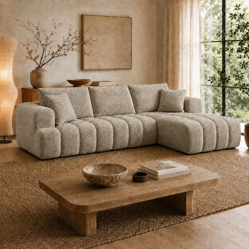 Classic Boneless L-shaped Chenille Fabric Upholstered 3-Seater Sectional Sofa with Two Pillows, Right Hand Facing