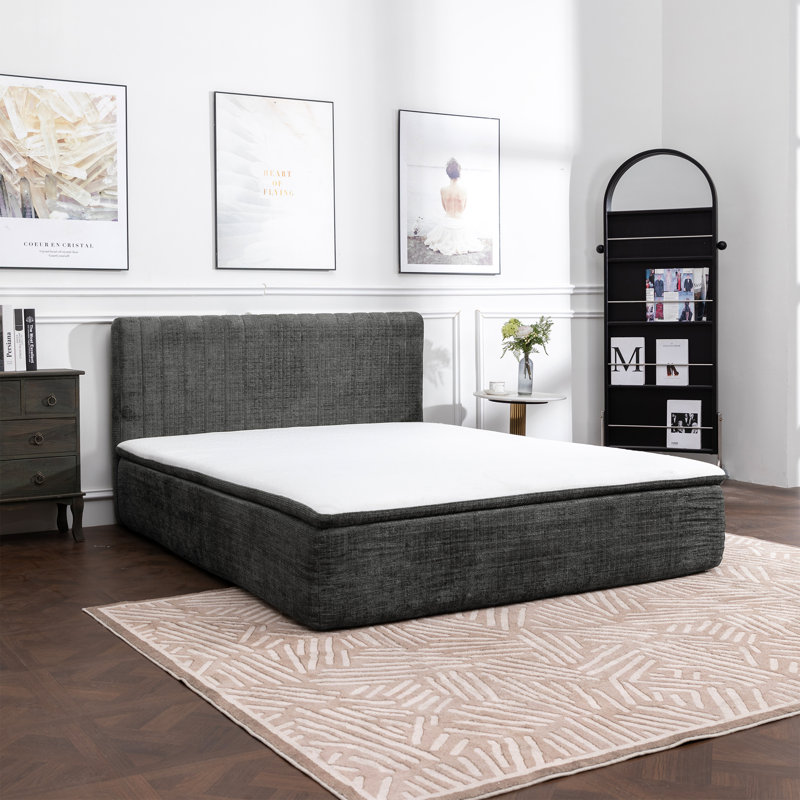 Zipper-Connected Compression Bed With A 15” High Mattress And Tufted Headboard, Gray, Full