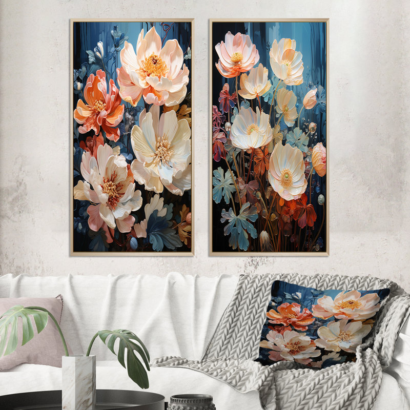 «China Art Graceful Blossoms», 2 pièces sur toile, Encadrement brun, H 32 po x l 32 po