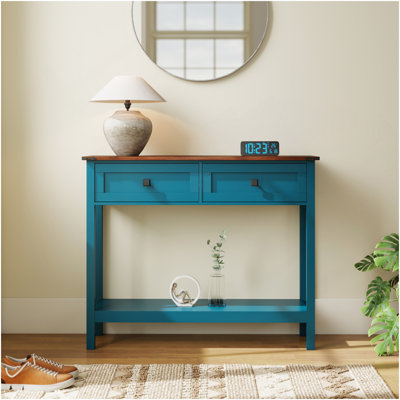 Console de style campagnard avec 2 tiroirs et tablette de rangement inférieure pour le vestibule, table d'appoint rustique avec tiroir de rangement et tablette pour le salon, couloir (bleu pagode)