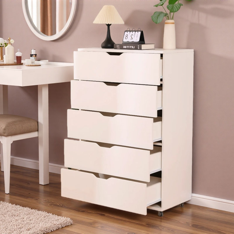 Commode à 5 tiroirs avec roulettes Accent, Blanc