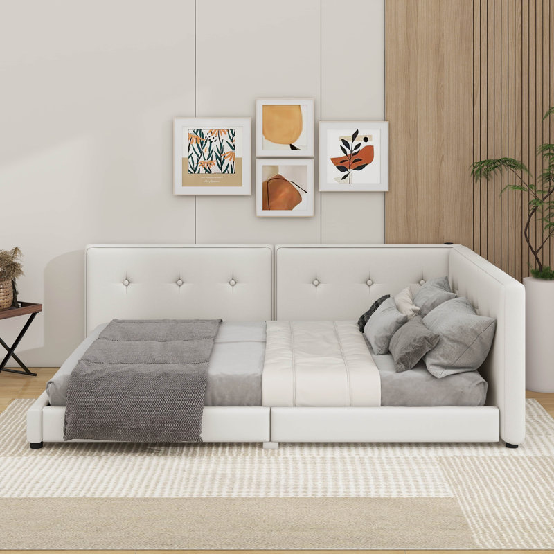 Lit plateforme tapissier avec ports USB, Beige, Grand lit