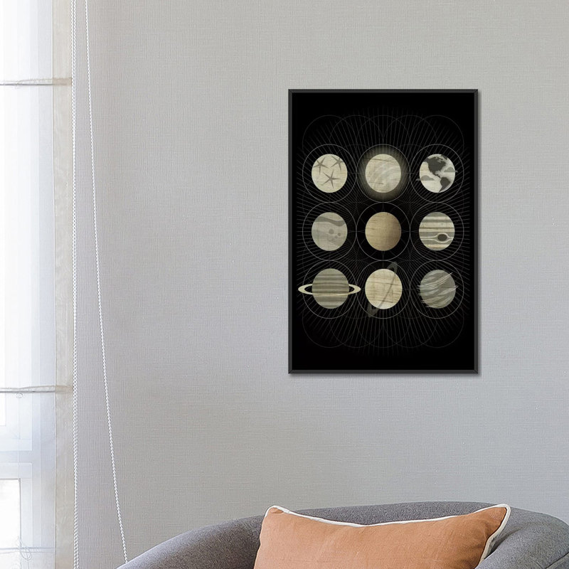 « planètes », impression sur toile tendue, H 26 po x l 18 po x P 1,5 po, Toile avec cadre noir, Pas de tapis
