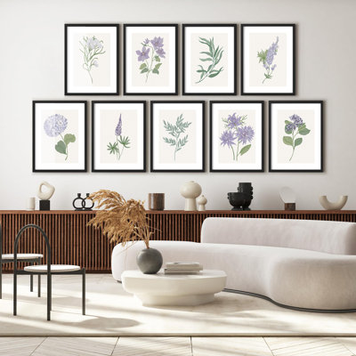 Framed Wall Art Collage Print Gallery Set, Pastel Watercolor Lavender Flowers Nature Wilderness Illustrations Modern Art Chic Boho Relax/Calm for Living Room, Office, Bedroom - 8" x 10" x 9 Black