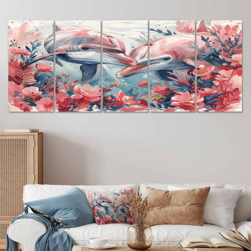 Pépinière de dauphins dansants gris et gris, créatures de la mer - ensemble de créatures marines, H 28 po x l 60 po