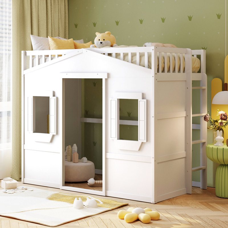 Lit mezzanine double blanc avec structure en bois massif pour un sommeil sécuritaire, Lit double, Blanc