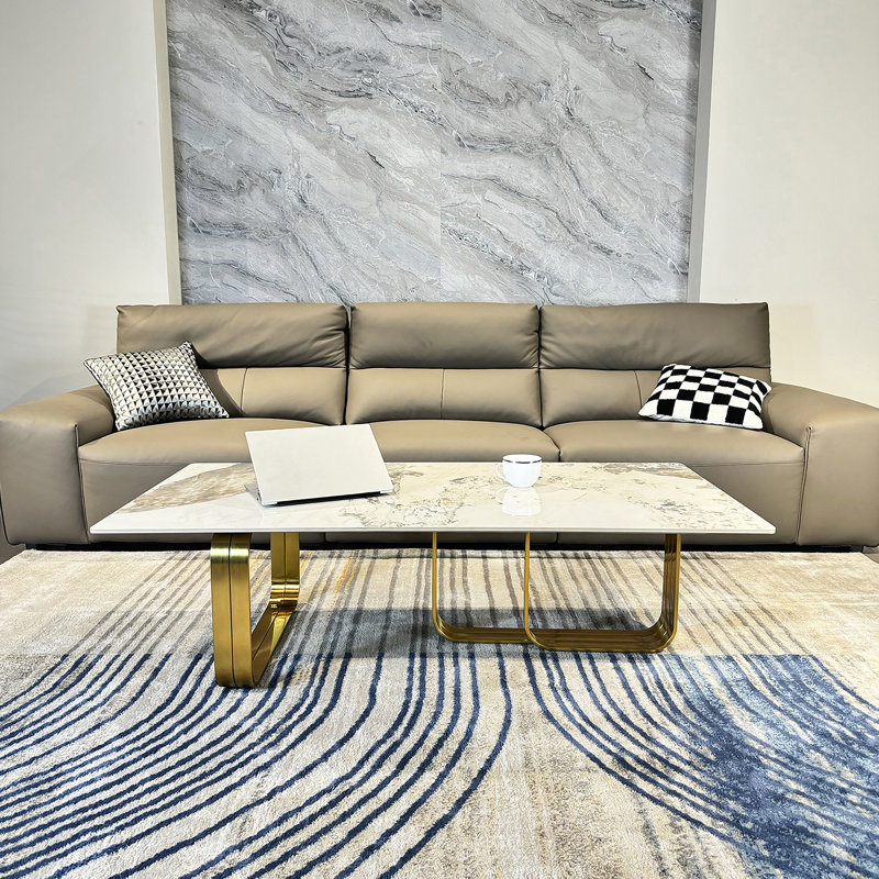 Rectangular coffee table with sintered stone top, metal frame, for Living Room, Gold