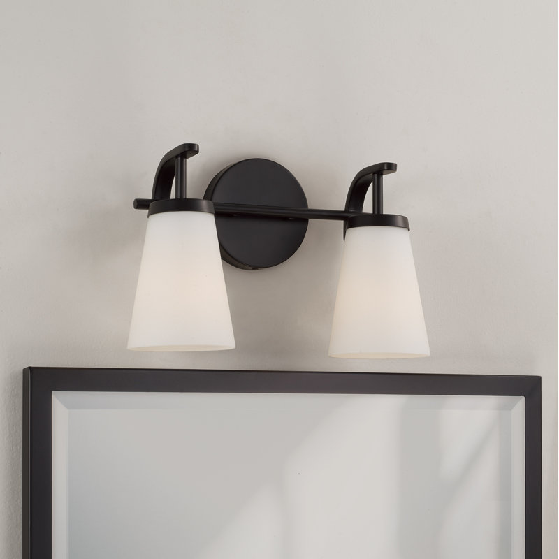 14" W x 9" H  2-Light Vanity in Matte Black with Tapered Soft White Glass, 2, Matte Black