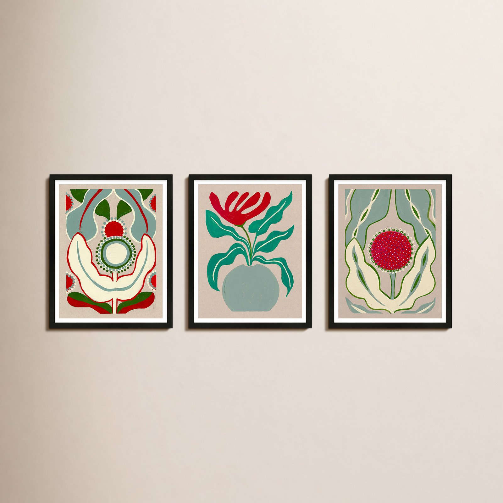 Magical Flowers 3-Piece Print Set, Black Framed Paper, 20" H x 16" W x 1.25" D