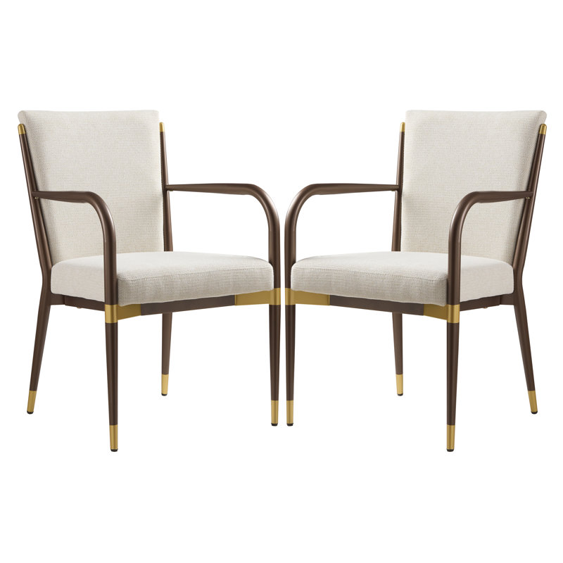 Blondell Modern Glam Iron Upholstered Dining Arm Chair with Toothpick Back Design, Beige Cushion/Brown Frame