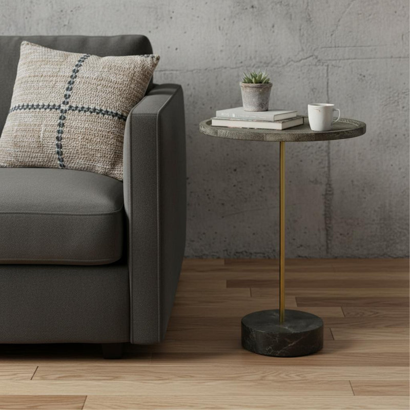  Table de bout ronde transitionnelle en bois noir et brun 30 po et marbre