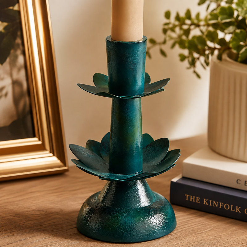 Metal Tabletop Candlestick, Green, 8" H x 5" W x 5" D