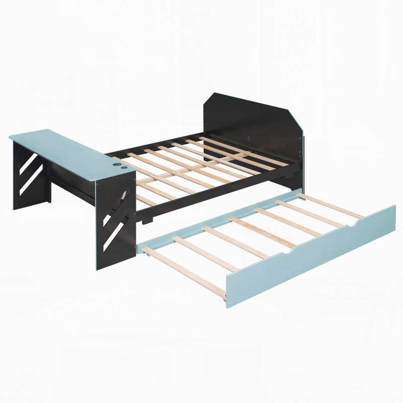 Lit de jour en bois avec couchette, bureau et port USB, Bleu