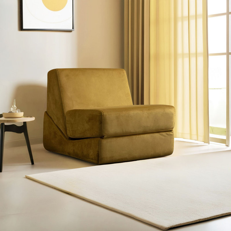 Convertible 1-Seat Sofa Bed, Mustard Color, 27.6 x 39.4 x 27.6 inches | 100% Polyester Fabric, 28 DNS Foam | Frame-less Design, Dry-Cleanable, Separate Cushion for Easy Maintenance, Perfect for Small Spaces