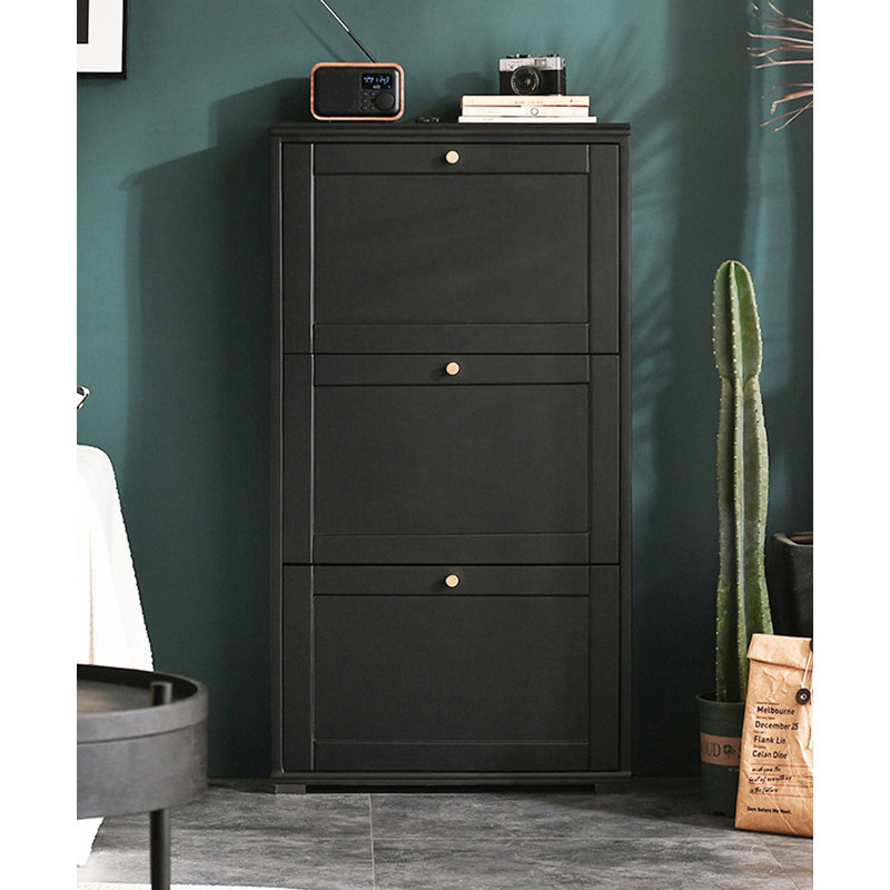 Slim rubberwood solid wood tipping shoe cabinet, 44.09" H x 21.65" W x 7.87" D, Black