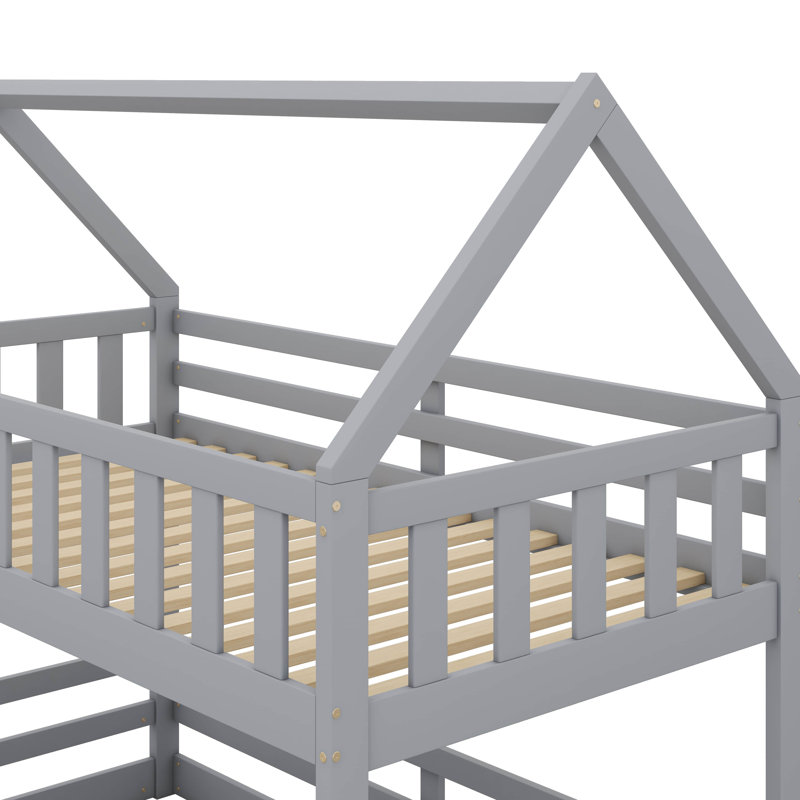 Twin Over Twin House Bunk Bed With Fence And Door, Gray