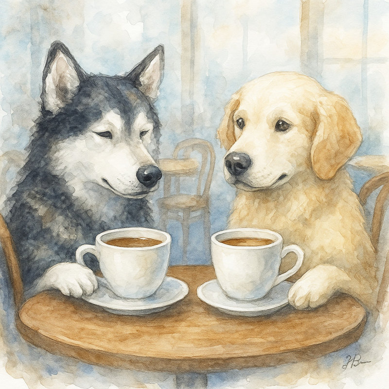 «Paws & Pour - Coffee Date with Dogs», art mural sur toile tendue