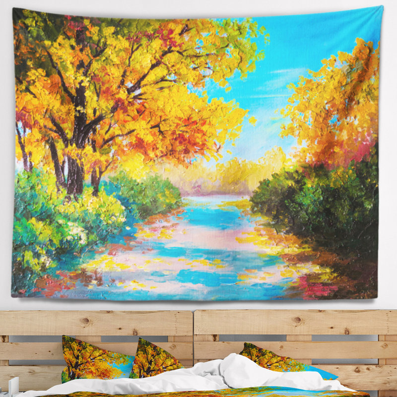 Forêt d'automne paysage avec tapisserie colorée de la rivière, H 68 po x l 80 po