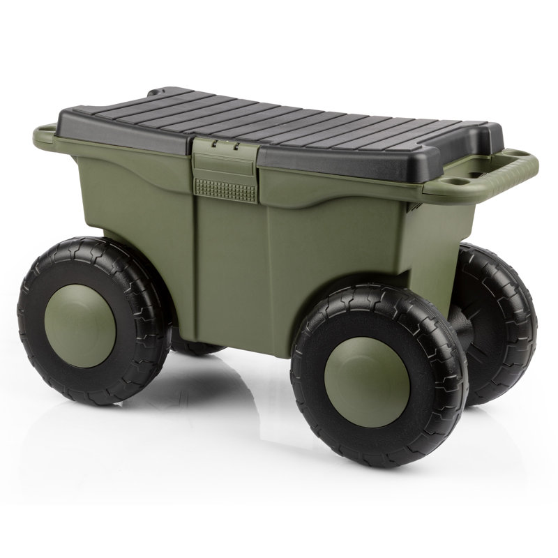 Rolling Garden Cart with Seat - Plastic Storage with Bench and Interior Tool Tray - Gardening Stool for Weeding and Planting by Pure Garden