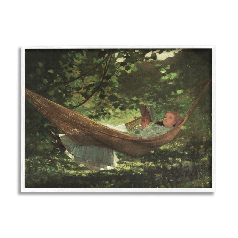 Fille, lecture, hamac, H 24 po x l 30 po x P 1,5 po, Giclée encadrée blanc bord de mer