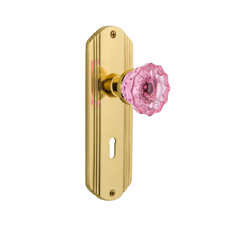 Pink Crystal Single Dummy Door Knob with Keyhole Deco Long Plate, Polished Brass