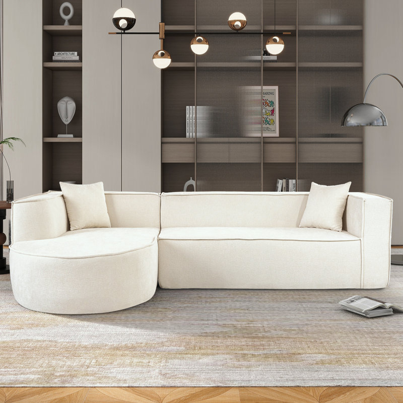 Teysha Boneless Sectional Sofa All Sponge L-Shape Sofa with Curved Chaise, Beige Chenille