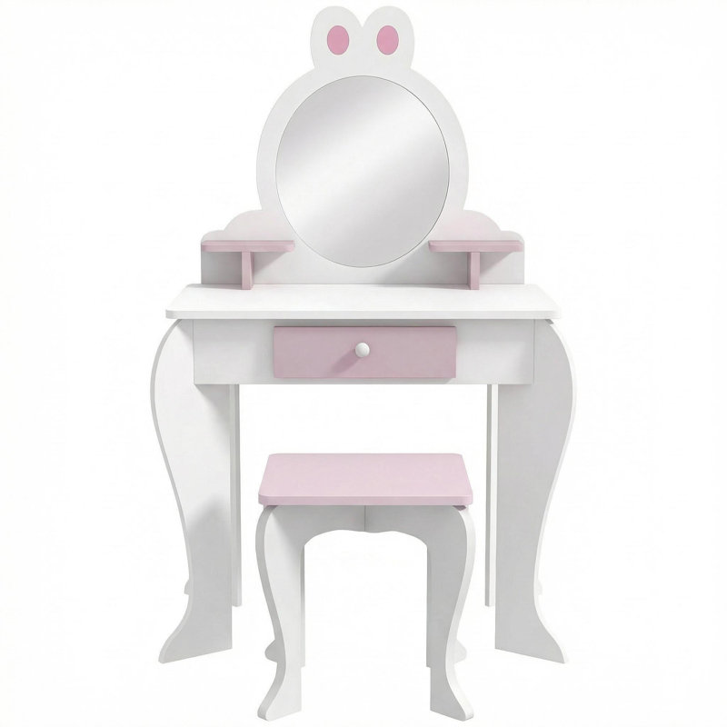 Cute Rabbit-Themed Room Decor Set: Storage Drawer Stool, Mirror, and Vanity Table