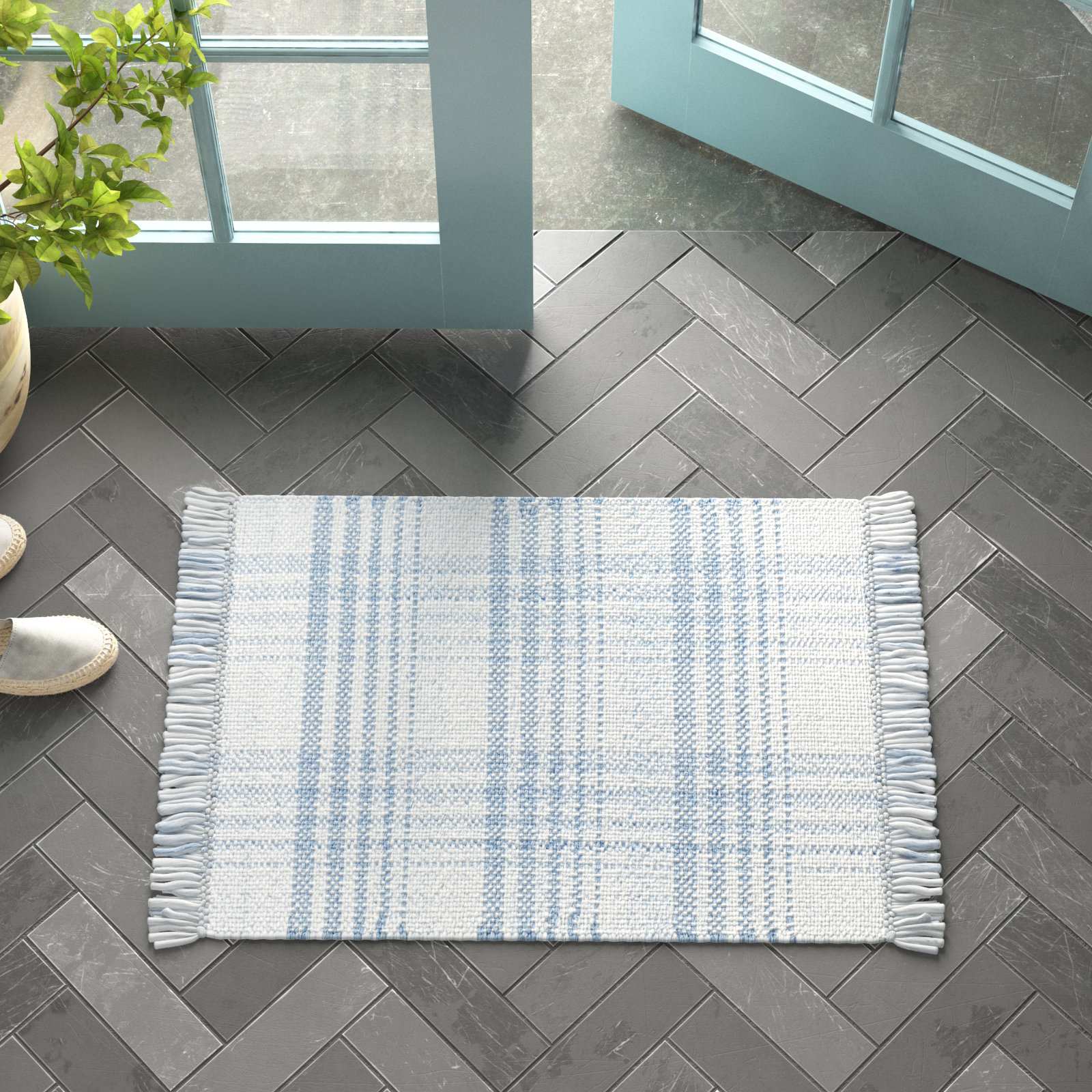 Cay Hand-Woven Blue Plaid Rug, Rectangle 2' x 3'