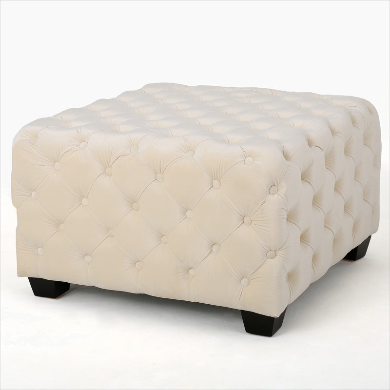 Marucs Modern Glam Velvet Ottoman with Button Tufting, Ivory Velvet