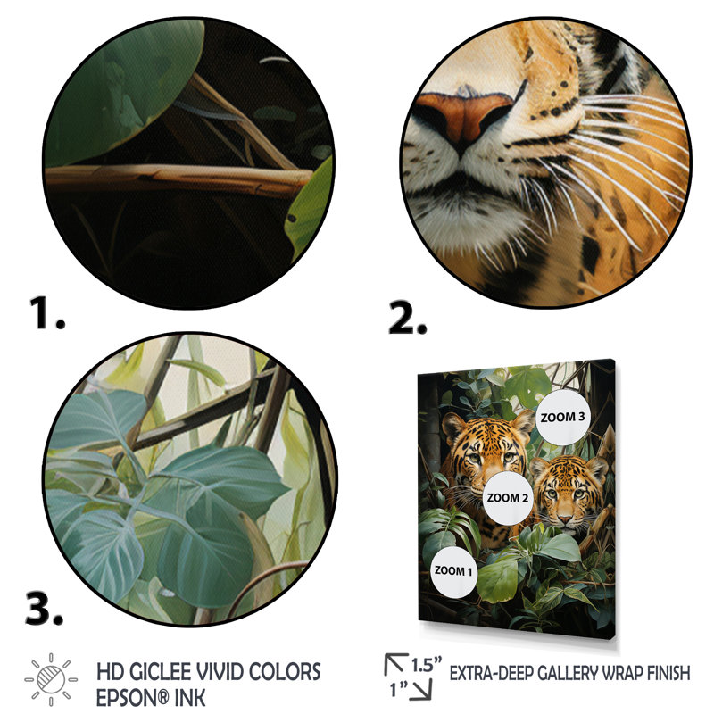 «Asian Art Tigers in Jungle VII», reproduction sur toile, H 32 po x l 16 po x P 1 po, Cadre flottant doré
