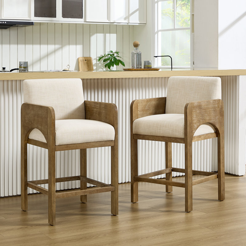 Upholstered Seat Counter Stool With Solid Wood Frame, Arch-Shaped Arm Bar Height Counter Stool For Kitchen/Dining Room/Restaurant